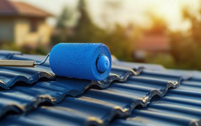 Blue paint roller on tiled roof at sunset, home improvement concept